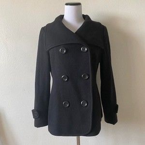 ANNE KLEIN Sz 8 Black Wool Double Breasted Short Length Peacoat